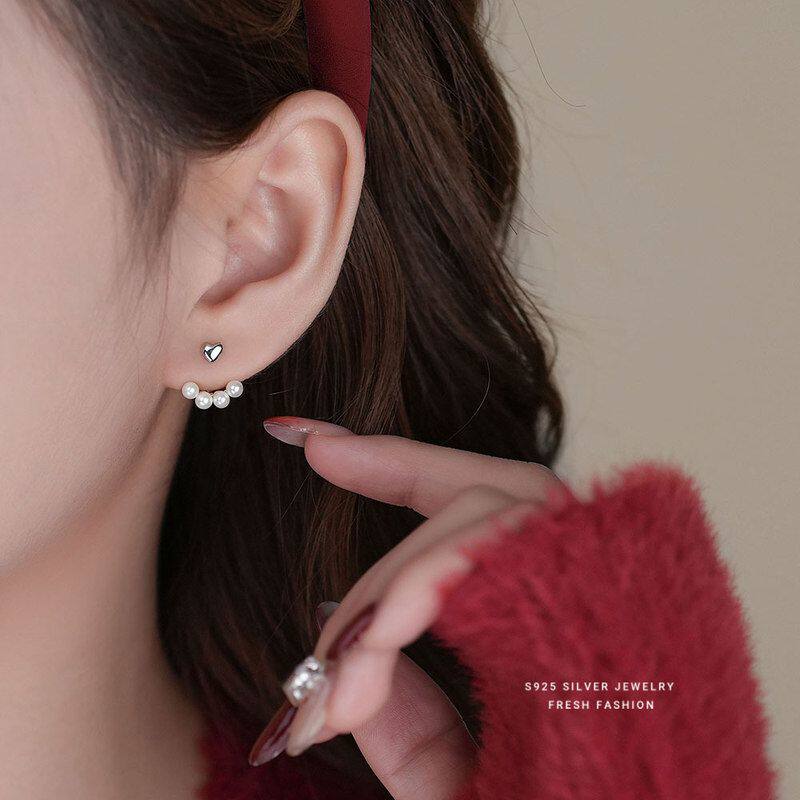 韩版东大门甜美爱心圆珠耳钉女s925纯银百搭气质高级感后挂式耳饰