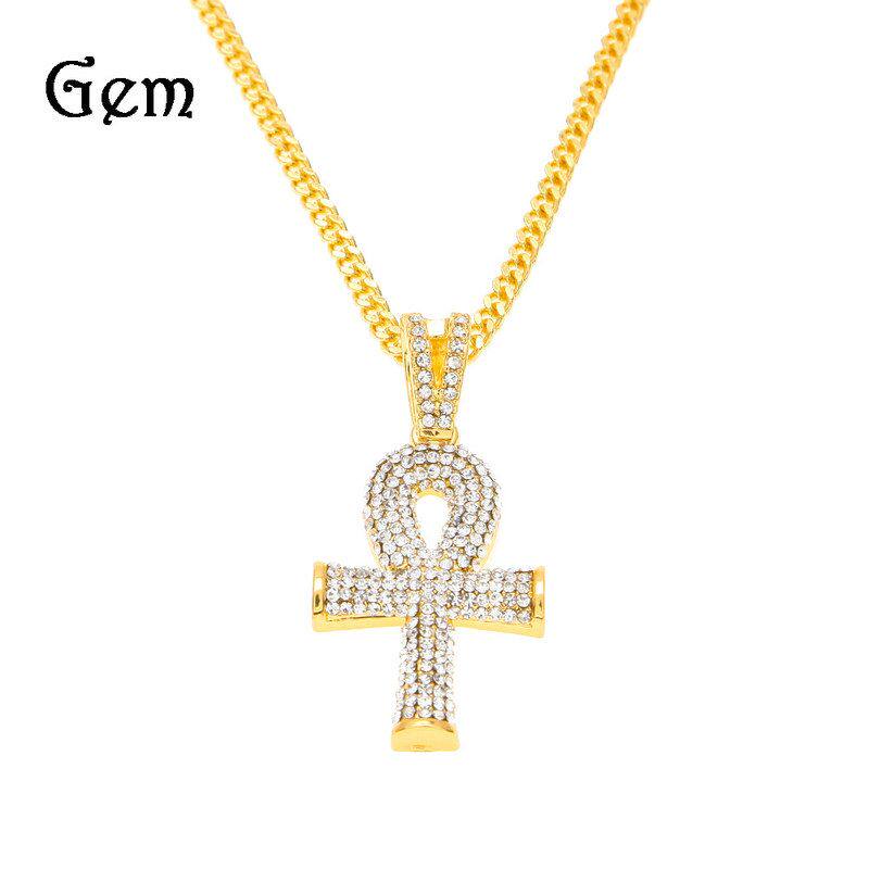镶钻Egyptian Ankh Key埃及安赫钥匙吊坠欧美嘻哈男女项链