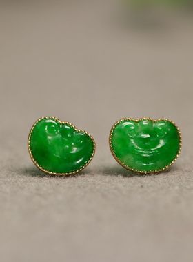 #B649一对18K金镶嵌冰种满色辣绿天然A货翡翠如意耳钉