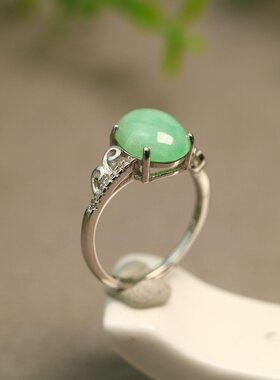 #H181 S925银镶嵌阳绿天然A货翡翠椭圆形蛋面女士活口戒指