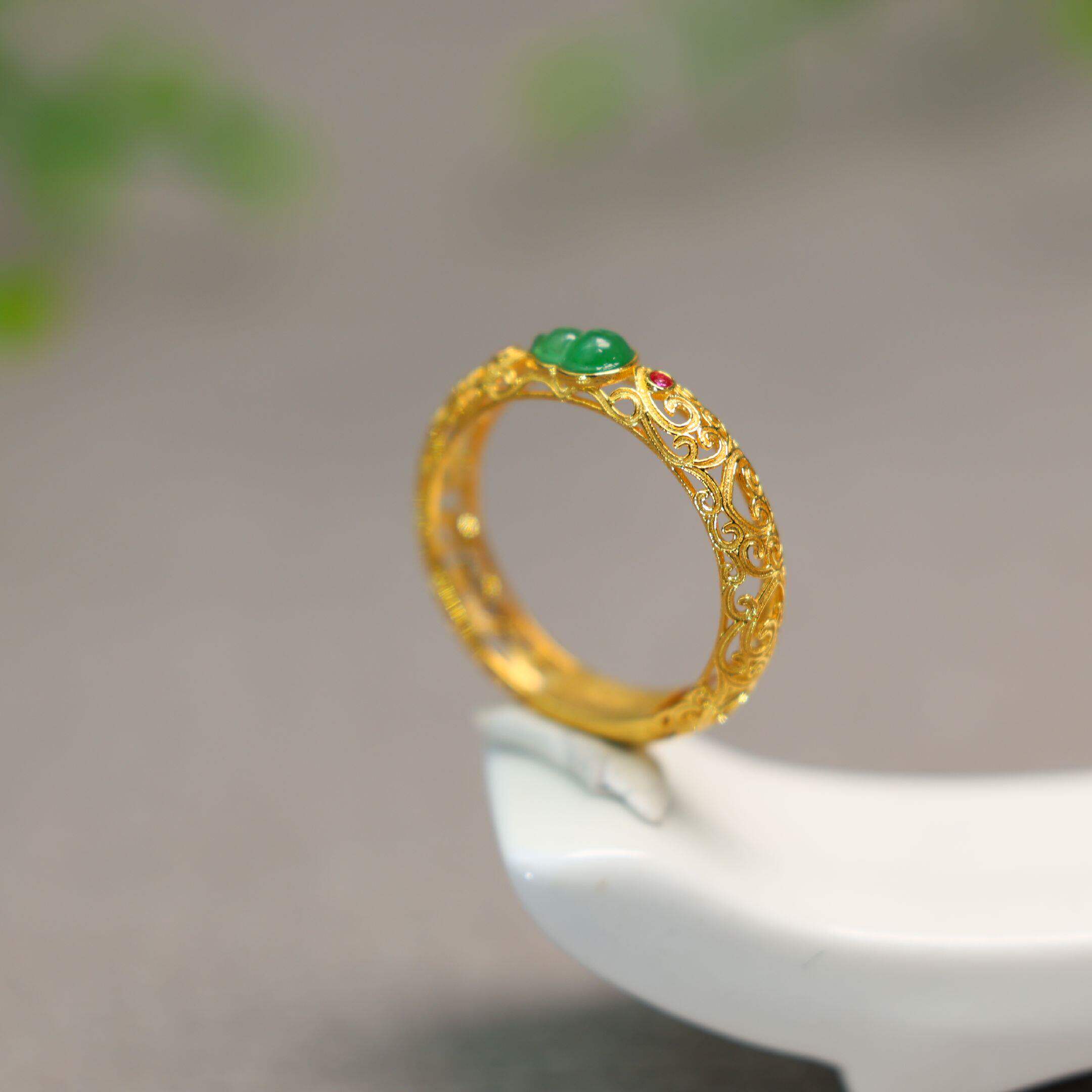 #I558 18K金花丝工艺镶嵌老坑冰种满绿缅甸天然A货葫芦戒指女戒