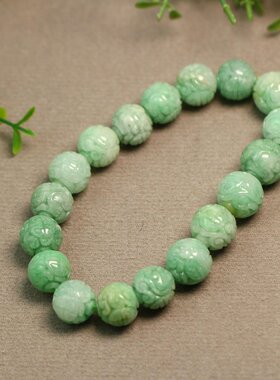 #H051一串糯底果绿色天然A货翡翠龙纹雕花珠子十八子手串手链
