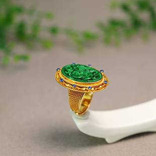 S925银镀金镶嵌满色辣绿缅甸天然A货翡翠雕花戒指活口女戒 K341