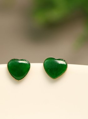 #E574一对18K金镶嵌冰种满色辣绿天然A货翡翠桃心形耳钉