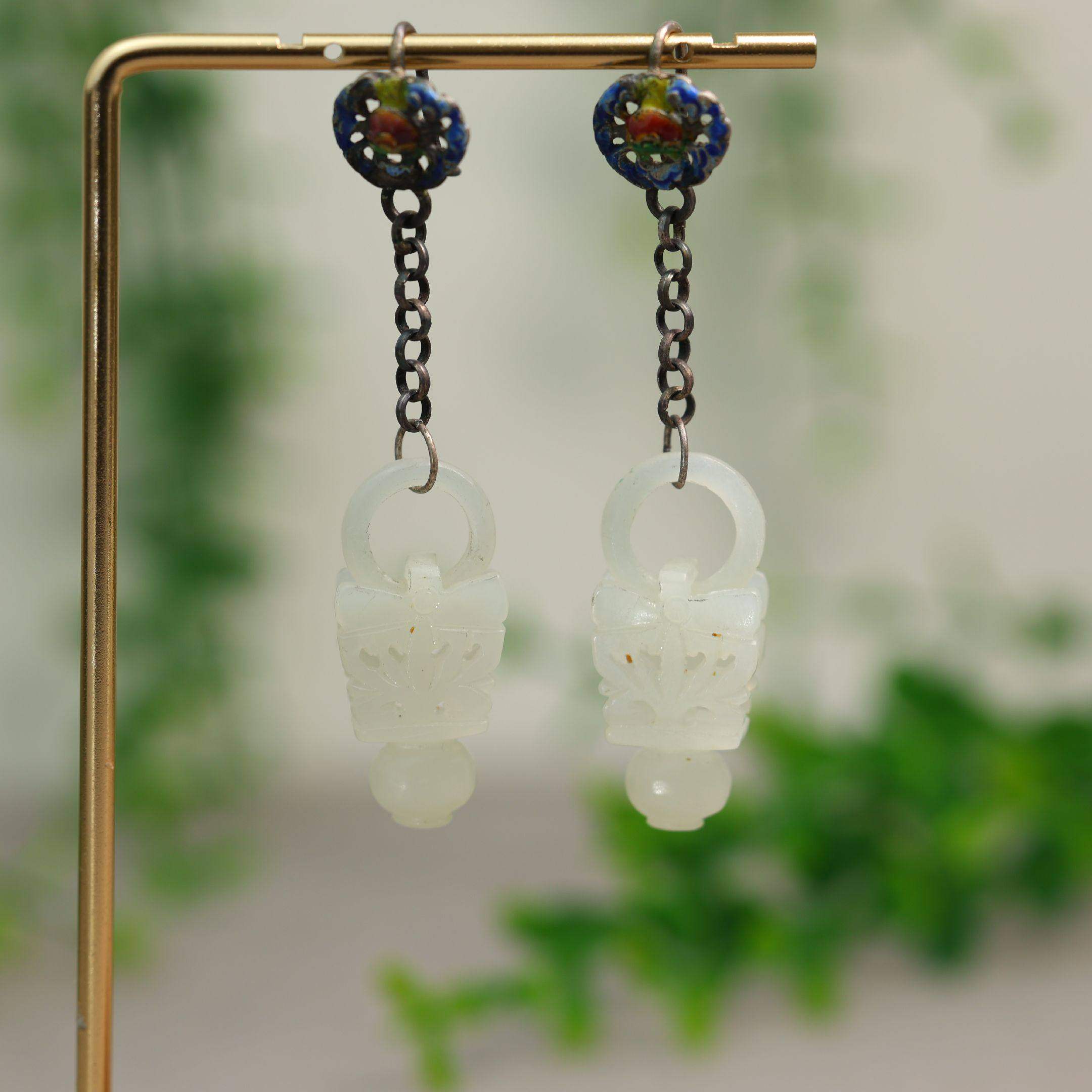 #K343老银烧蓝镶嵌和田白玉镂空花篮耳坠中国古风耳钩款耳饰,珠宝/钻石/翡翠,耳饰,淘宝优惠券,粉丝福利购,淘宝优惠卷