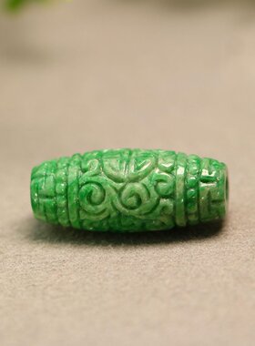 #F183 黄加绿天然A货翡翠天珠复古雕花桶珠鼓珠吊坠