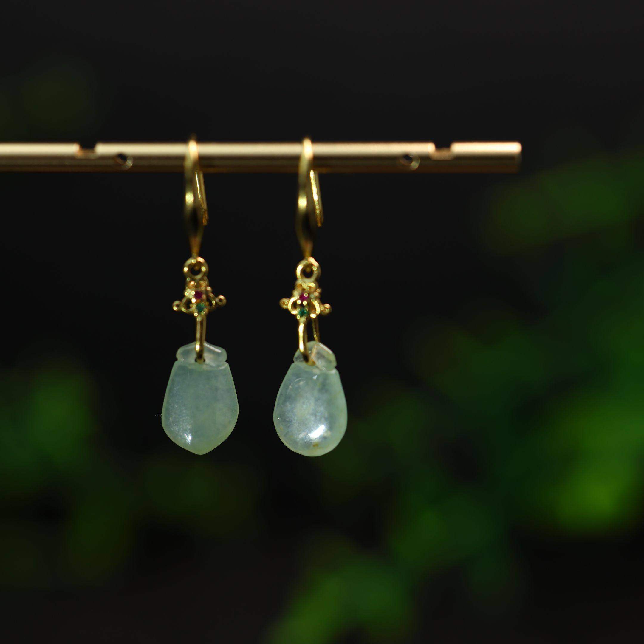 #F697老坑冰种缅甸天然A货翡翠福袋耳坠耳钩款耳饰S925银镶嵌