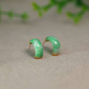 半环耳饰 18K金阳绿缅甸天然A货翡翠半圈耳钉时尚 K897