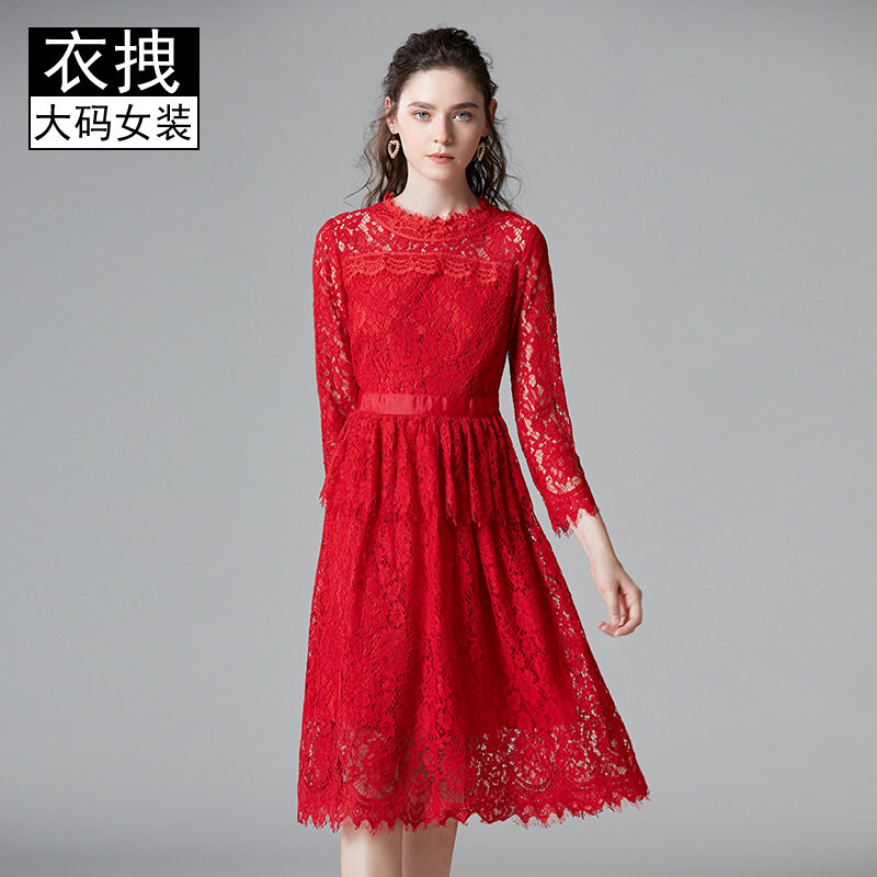 秋冬红色蕾丝连衣裙  跨境大码欧美女装品牌结婚礼服 新娘回门服
