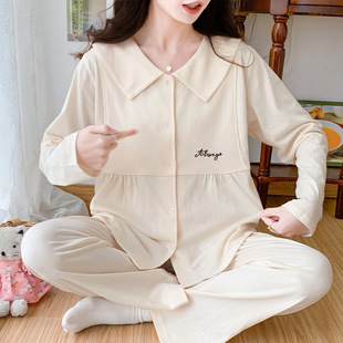 棉绉布新款月子服宽松绉布棉哺乳睡衣女春秋装产后喂奶衣孕妇套装