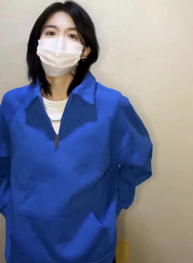 十一的信｜原创设计无性别穿搭克莱因蓝色女Polo卫衣宽松上衣秋冬