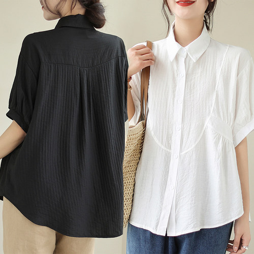 韩版纯色褶皱显瘦衬衫女宽松上衣