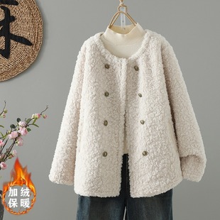 羊羔绒加厚保暖外套女秋冬韩版小香风皮毛一体圆领摇粒绒开衫上衣