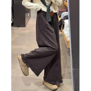 裤 小个子棕色木耳花边拼接阔腿休闲裤 胖mm全棉九分工装 大码 女秋季