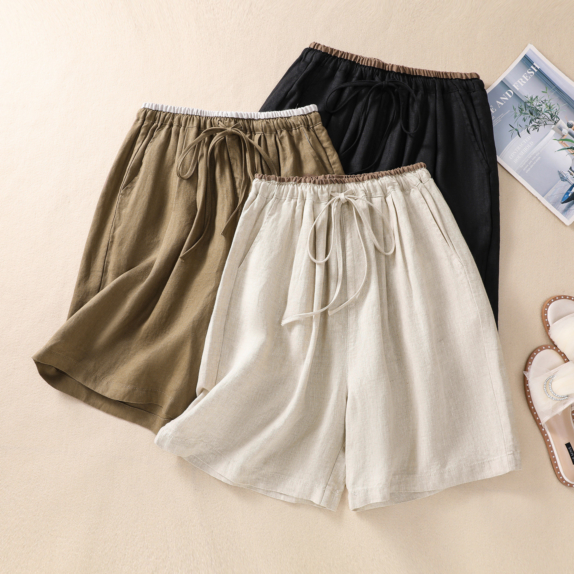 女士2024夏季韩版文艺松紧腰大码胖mm亚麻百搭阔腿五分裤,女装/女士精品,大码裤装,淘宝优惠券,粉丝福利购,淘宝优惠卷