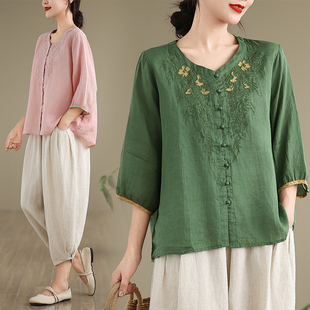 套装女夏季2024年新款洋气亚麻刺绣衬衣两件套