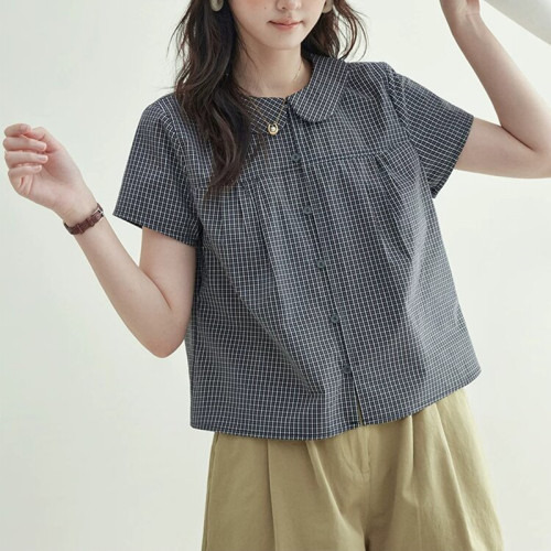 复古森系娃娃领格纹衬衫女夏季短款小个子时尚百搭减龄短袖上衣潮