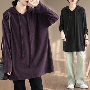 遮屁股长袖 大码 中长款 休闲连帽打底衫 上衣 胖mm宽松t恤女春秋韩版