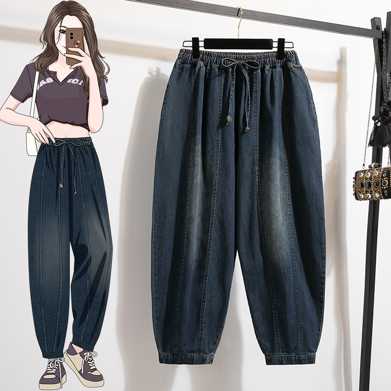 大码松紧腰牛仔老爹裤女夏季九分小个子哈伦裤宽松显瘦阔腿灯笼裤