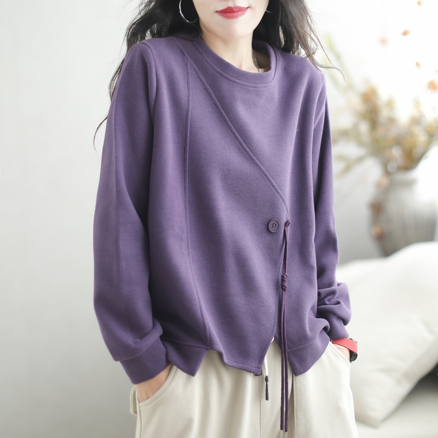 大码胖妹妹春秋打底衫女宽松韩版下摆不规则拼接圆领套头遮肉卫衣