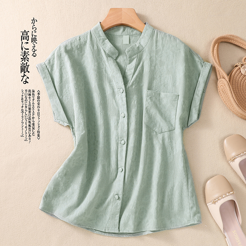 提花衬衣棉麻质感连肩袖衬衫女