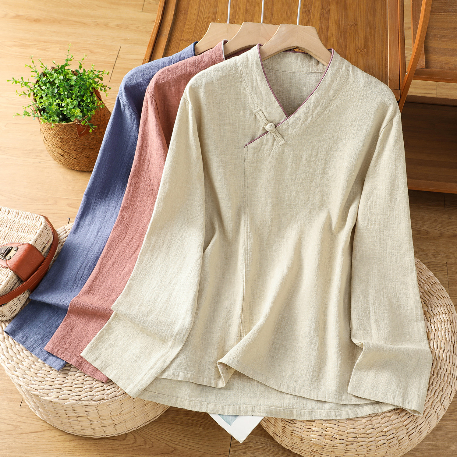 棉麻长袖立领衬衫女春秋复古中国风禅意茶服斜襟盘扣改良上衣,女装/女士精品,衬衫,淘宝优惠券,粉丝福利购,淘宝优惠卷