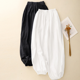 棉麻女裤2025新款秋季薄款白色休闲哈伦裤宽松显瘦阔腿灯笼裤