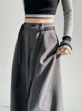 灰色加绒毛呢弯刀阔腿裤女秋冬季2025新款高腰显瘦宽松垂感西装裤
