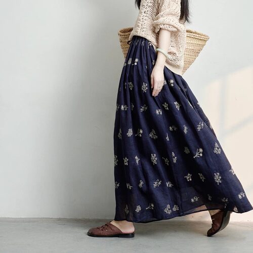 轻薄绣花苎麻半身裙女夏宽松有内衬a字大摆裙松紧腰休闲气质长裙
