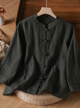 中国风棉麻对襟短外套女春秋新中式禅意茶服宽松长袖立领盘扣衬衫