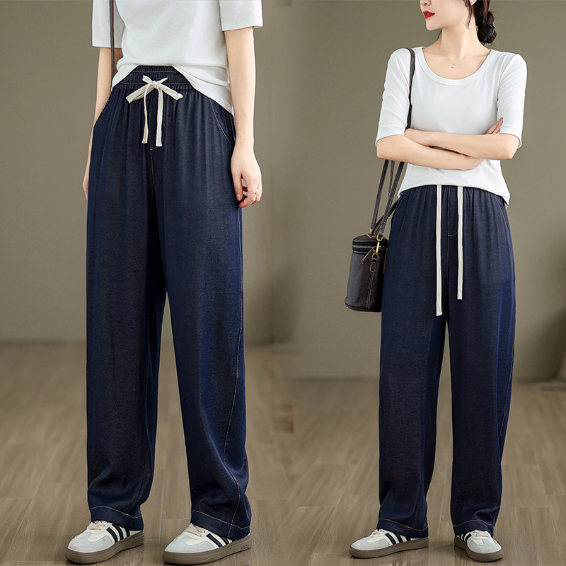 2024夏季新款宽松显瘦牛仔阔腿裤女士时尚百搭弯刀裤高腰抽绳长裤