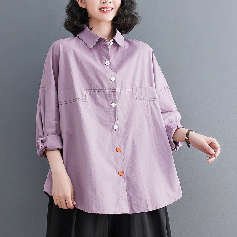 春秋2024新款韩版大码设计感明线刺绣彩扣衬衫女士宽松蝙蝠袖衬衣