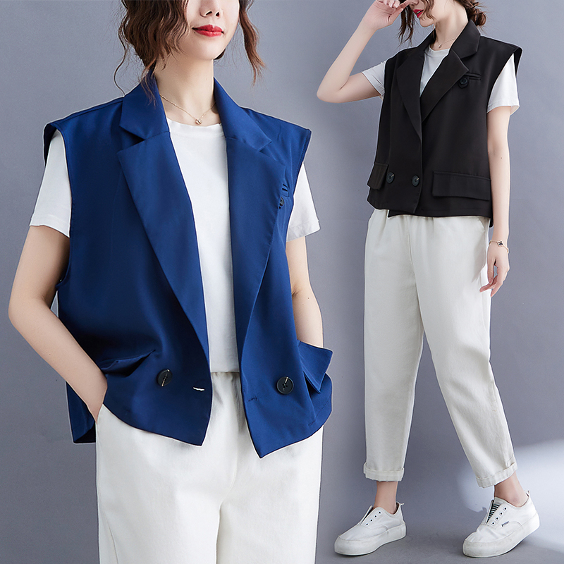 大码黑色短款马甲女宽松外穿夏季韩版百搭西装领小外套无袖坎肩潮