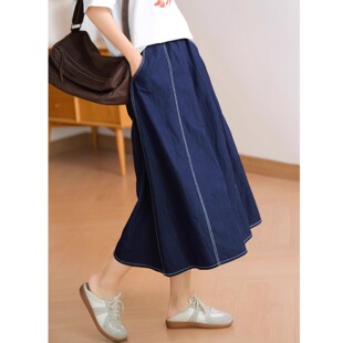 复古明线刺绣牛仔半身裙女夏季 宽松胖mm松紧腰遮跨显瘦a字牛仔裙