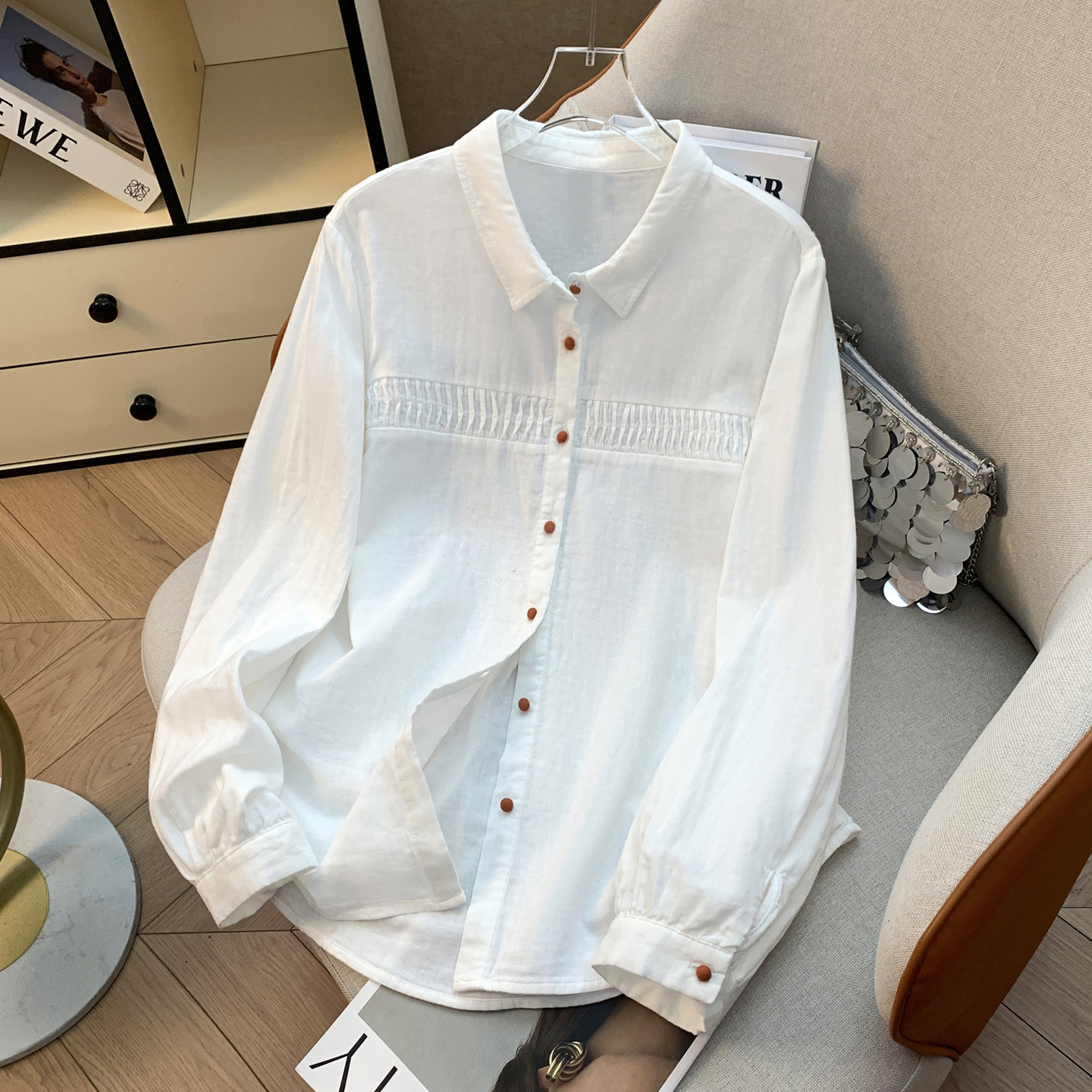 白色双层棉纱长袖衬衫女2026春季新款爆款时尚撞色纽扣打底衫上衣,女装/女士精品,大码内搭,淘宝优惠券,粉丝福利购,淘宝优惠卷