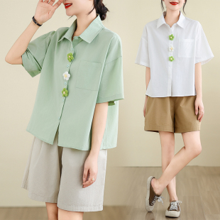 2026年新款 女夏季 韩版 大码 上衣潮 设计感小众短袖 宽松显瘦短款 衬衫