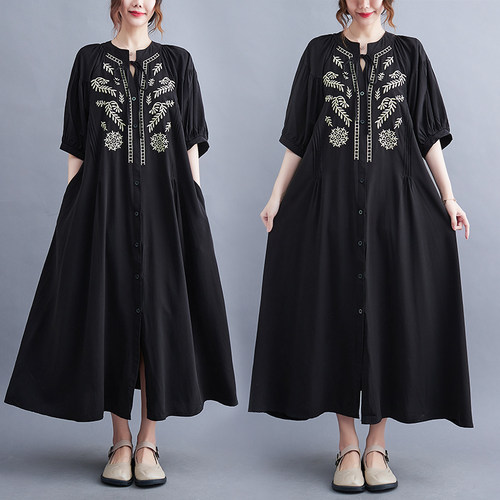 民族风刺绣连衣裙女宽松度假长裙