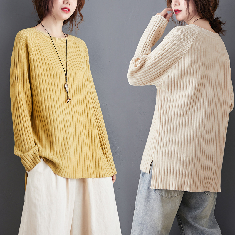 慵懒风毛衣女2024新款秋冬装宽松大码圆领套头洋气坑条打底针织衫