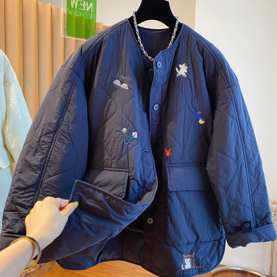 高级感无领轻薄棉服女2025新款宽松气质独特刺绣超好看夹棉外套冬
