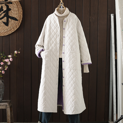 大码女装冬季文艺复古绗缝菱格棉服宽松休闲长款风衣夹棉保暖外套