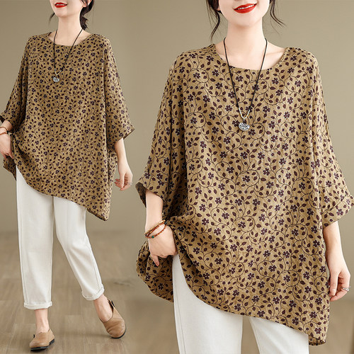 小菲家~2026夏季新款棉麻复古文艺蝙蝠袖大码女装T恤