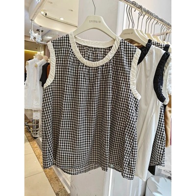 2025夏新款田园圆领格子无袖上衣衬衫女宽松显瘦休闲娃娃衫