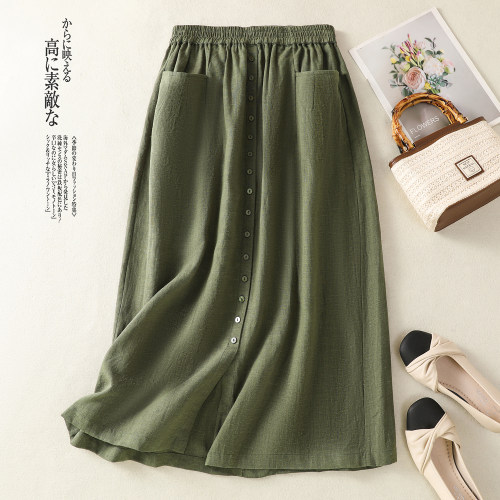 军绿色棉麻半身裙女2025新款夏季韩版文艺单排扣休闲开叉a字裙子