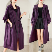 时尚 防晒衣女夏季 百搭宽松抽绳收腰风衣连帽薄外套潮 紫色长款 大码