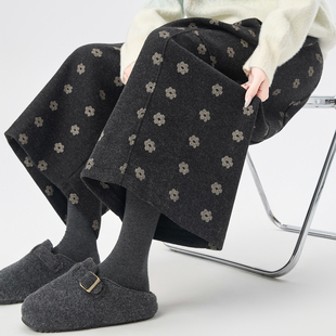 子女冬季 小个子八分裤 韩版 宽松百搭高腰阔腿裤 时尚 复古花朵毛呢裤