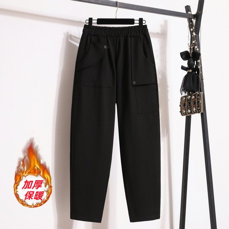 2025秋冬新款宽松大码胖MM休闲遮肉哈伦裤女士纯色拼接显瘦萝卜裤 - 小菲家文艺大码棉麻女装批发店出品