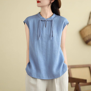 小菲家~新中式盘扣宽松棉麻衬衫女2025新款小立领衬衣上衣夏季