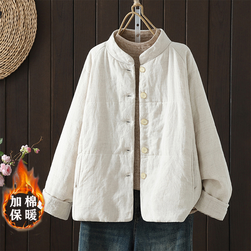 复古中式棉麻立领棉袄短外套女