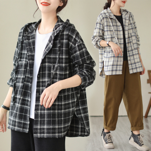 时尚 格子长袖 宽松韩版 女春秋2024新款 休闲磨毛设计感连帽外套 衬衫