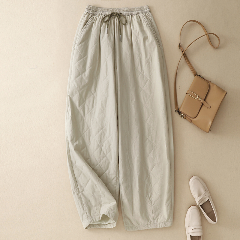 日系绗缝菱格棉裤女款夹棉阔腿裤